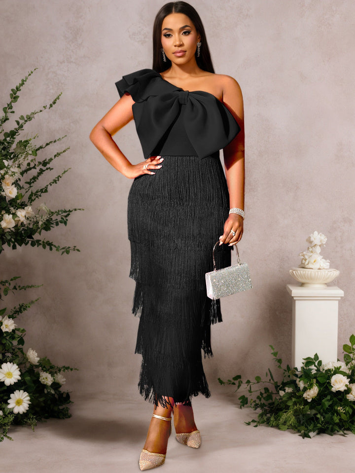 Damen Cocktailkleid mit voluminösem Rüschendesign und Fransen Drune