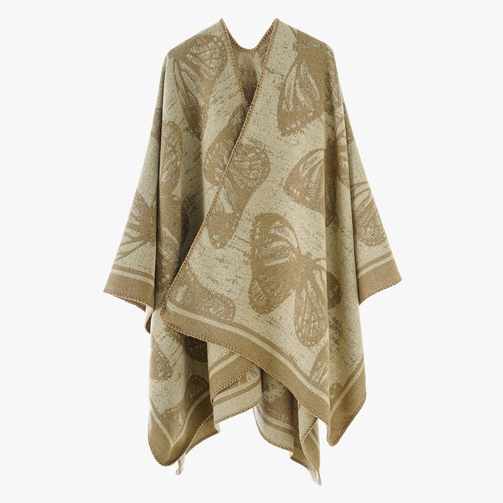 Damen Oversize-Stricküberwurf im Jacquard mit Schmetterlingsmotiv und kontrastierter Saumkante Drune