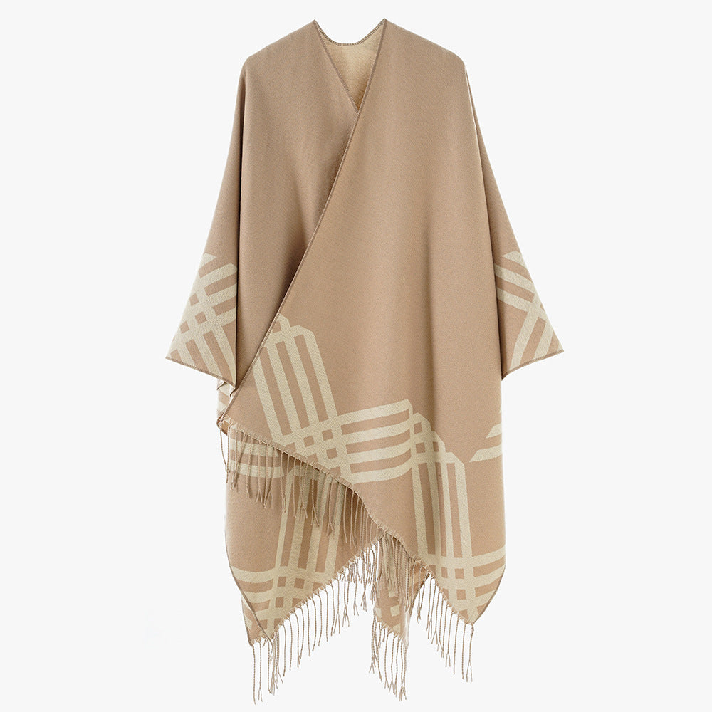 Damen Oversize-Kimono-Poncho aus Wollmix mit grafischem Raster-Jacquard und Fransensaum Drune