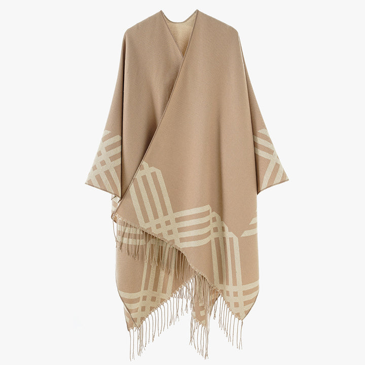 Damen Oversize-Kimono-Poncho aus Wollmix mit grafischem Raster-Jacquard und Fransensaum Drune