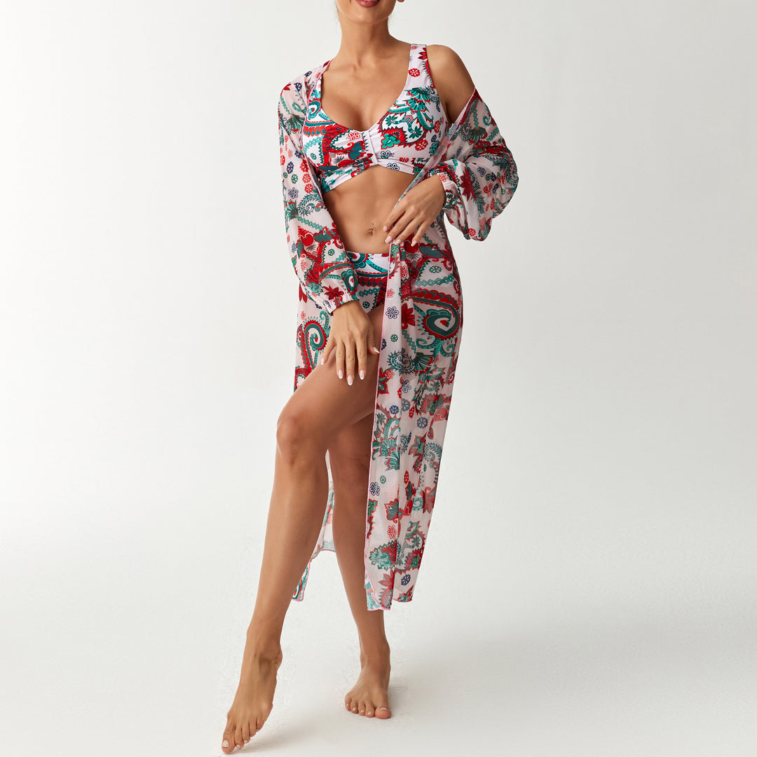 Damen Florales Strandoutfit mit transparentem Kaftan Drune