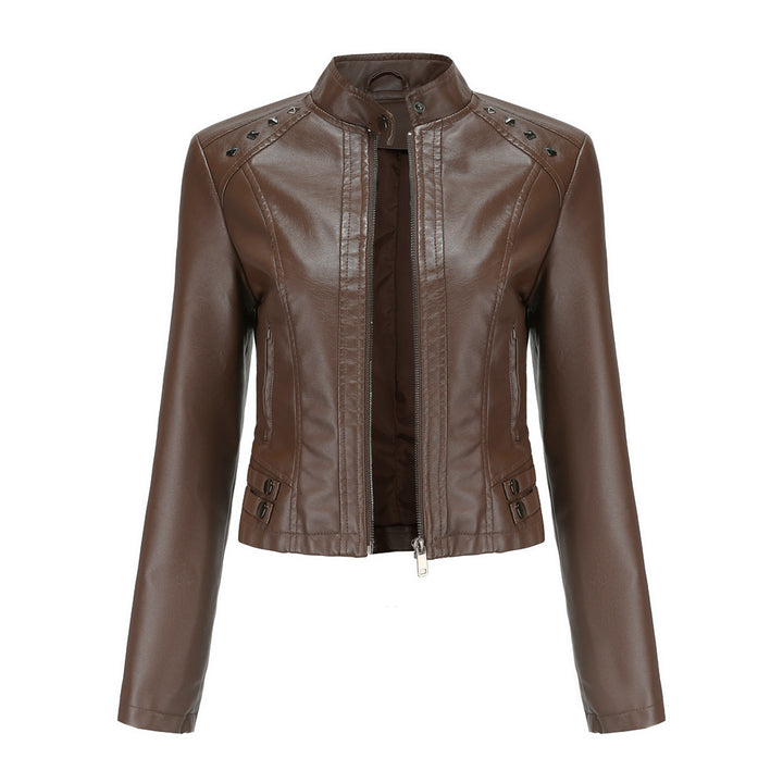 Damen nan kurze taillierte Kunstlederjacke mit Nietenbesatz und Stehkragen Drune