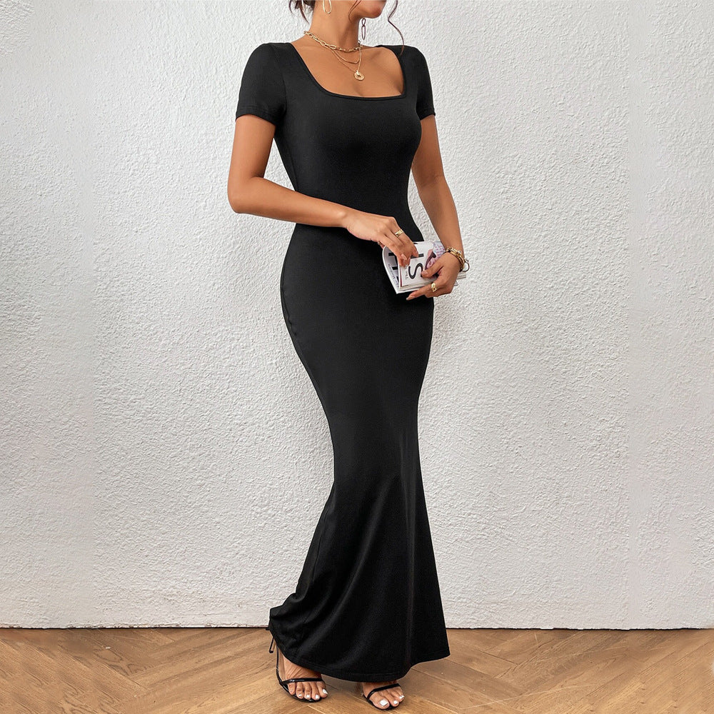 Damen elegantes Maxikleid mit tiefem U-Boot-Ausschnitt und figurbetontem Schnitt Drune