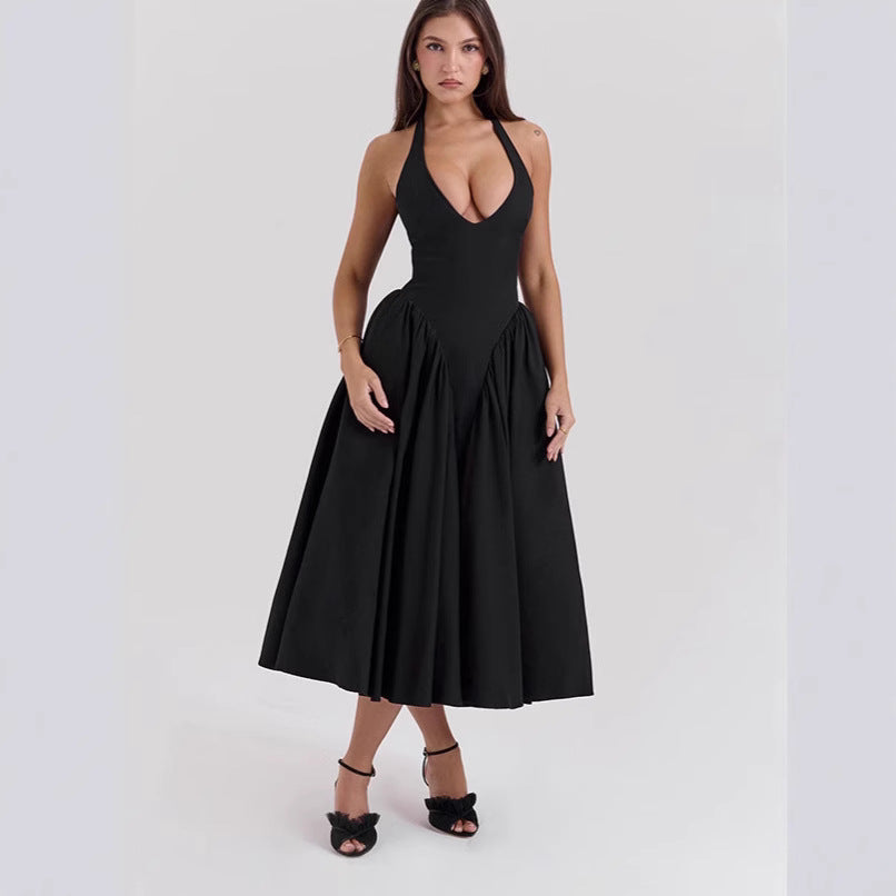 Damen nan figurschmeichelndes Neckholder-Bustier-Midikleid mit taillierter Miederform und weitem Tellerrock Drune