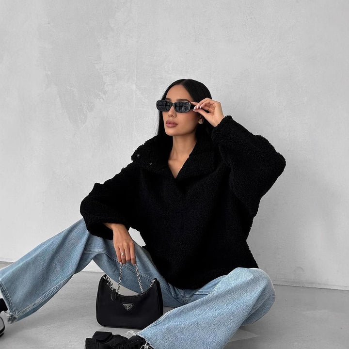 Damen Oversized Teddy-Pullover mit halber Druckknopfleiste und Stehkragen Drune