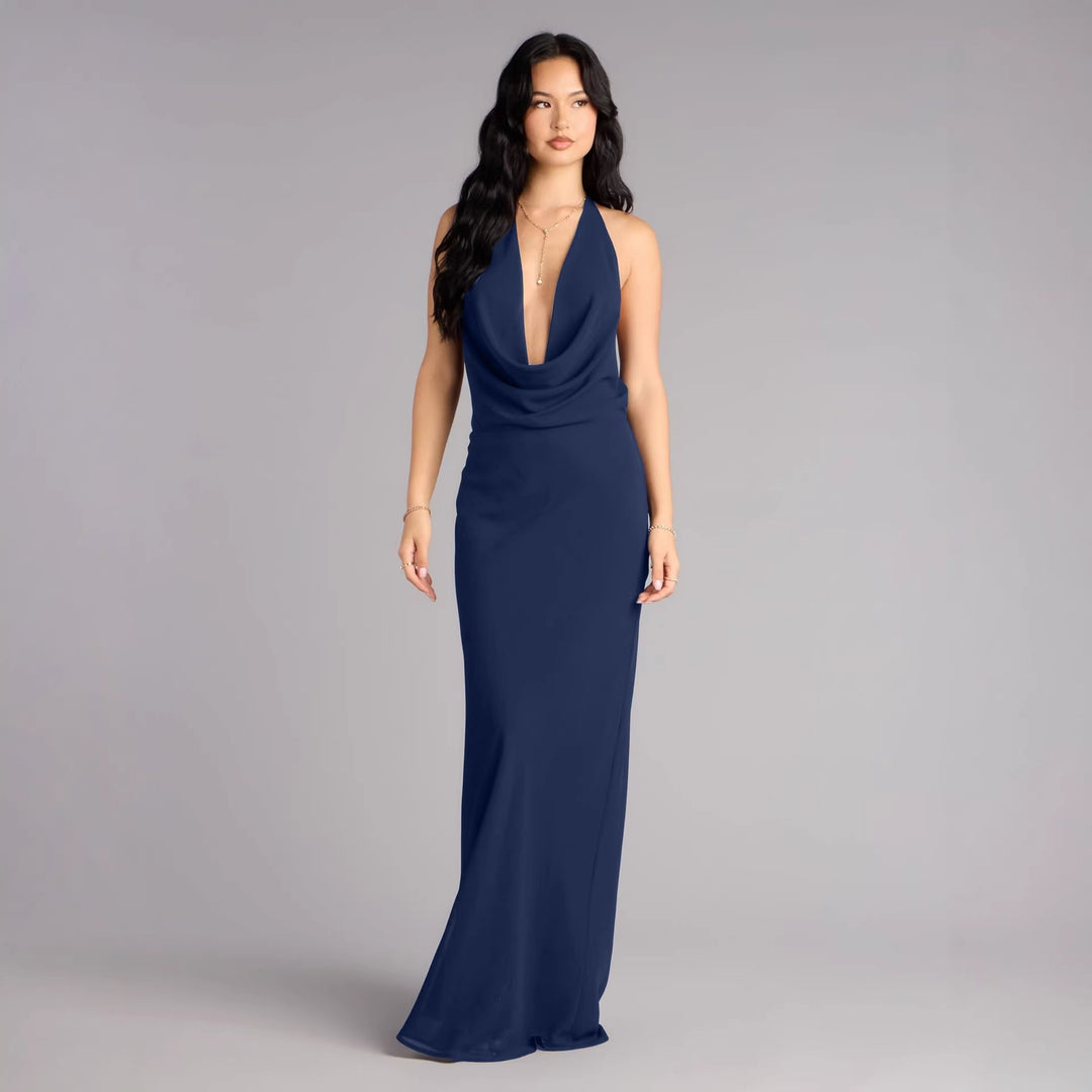 Damen elegantes Maxikleid mit einzigartigem Halterhalsschnitt Drune