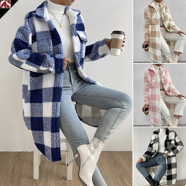 Damen nan langer Teddy-Karo-Mantel mit Hemdkragen, aufgesetzten Brusttaschen und Knopfleiste Drune