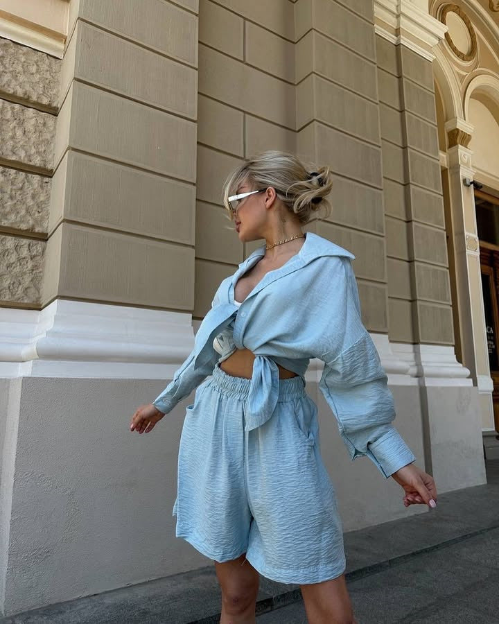 Damen Zweiteiliges texturiertes Loungewear‑Set mit Oversized‑Hemd und elastischer Taillen‑Shorts Drune