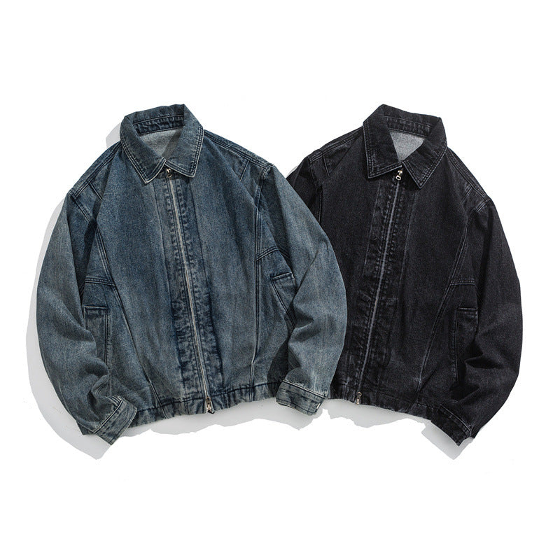Unisex Kurz geschnittene Denim-Workerjacke mit durchgehendem Reißverschluss und kastiger Silhouette Drune