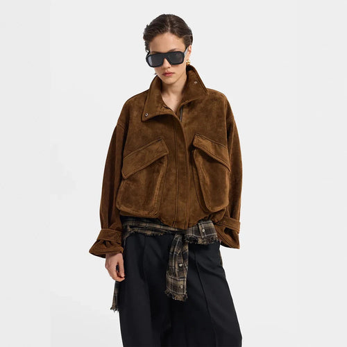 Damen Oversize Veloursleder-Blouson mit großen Pattentaschen und Stehkragen Drune