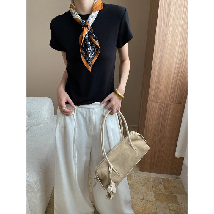 Damen elegantes Kurzarmoberteil mit schickem V-Ausschnitt und trendigem Schal Drune