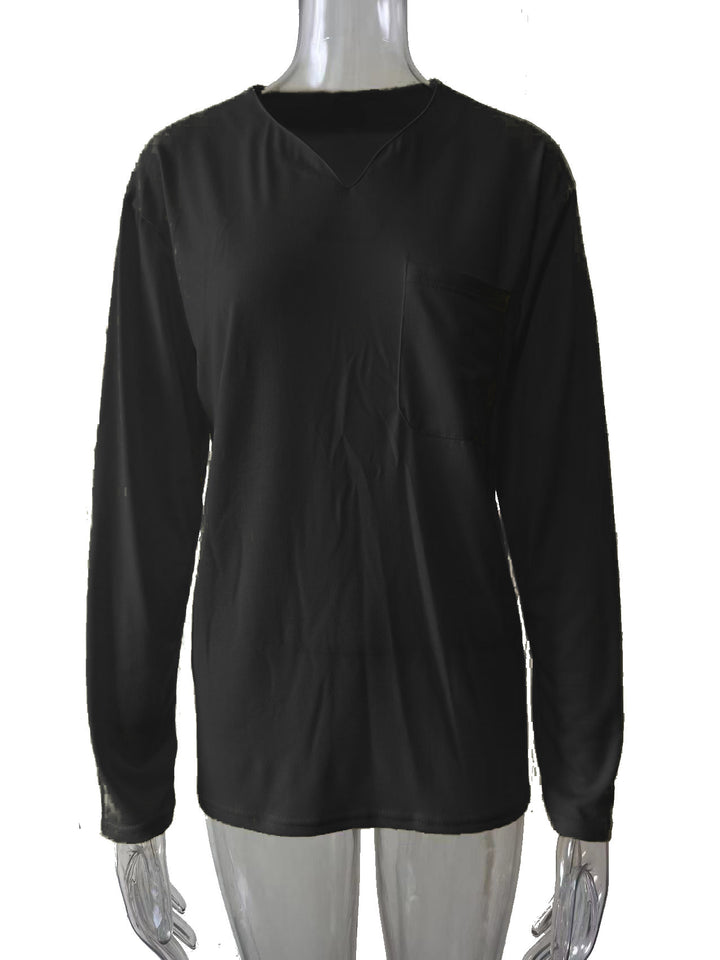 Damen nan legeres Langarmshirt mit V-Notch-Ausschnitt, Brusttasche und lockerer Oversize-Passform Drune