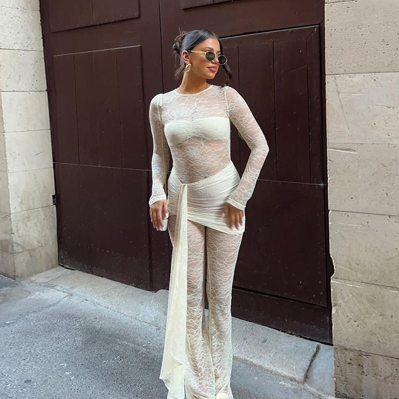 Damen Eleganter Overall aus Spitze mit langen Ärmeln Drune