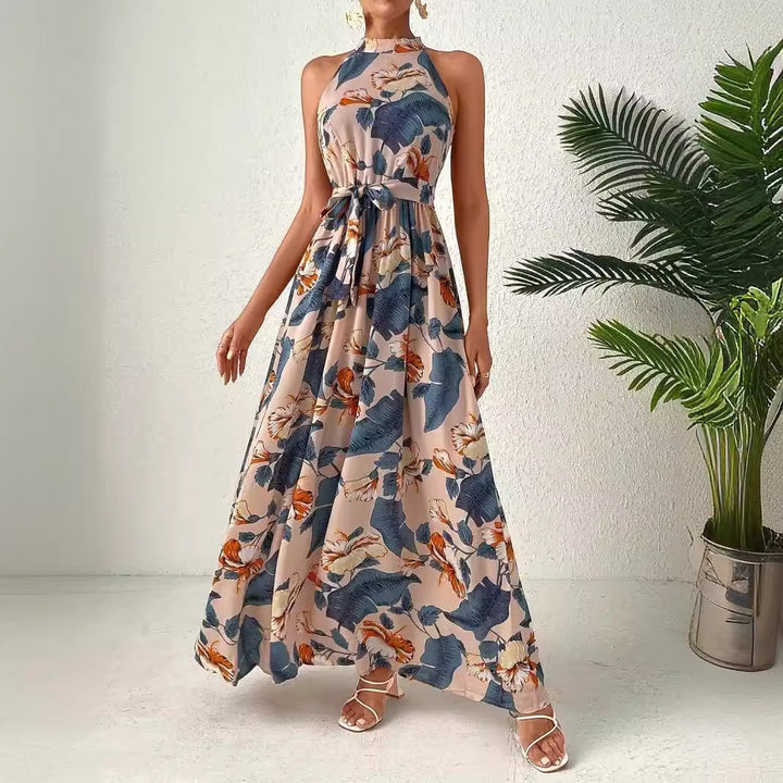 Damen Maxikleid im Boho-Stil mit elegantem Halterneck und seitlichem Bindegürtel Drune