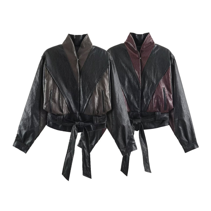 Damen Kurzjacke im Blousonstil mit hochabschließendem Kragen und Bindegürtel Drune