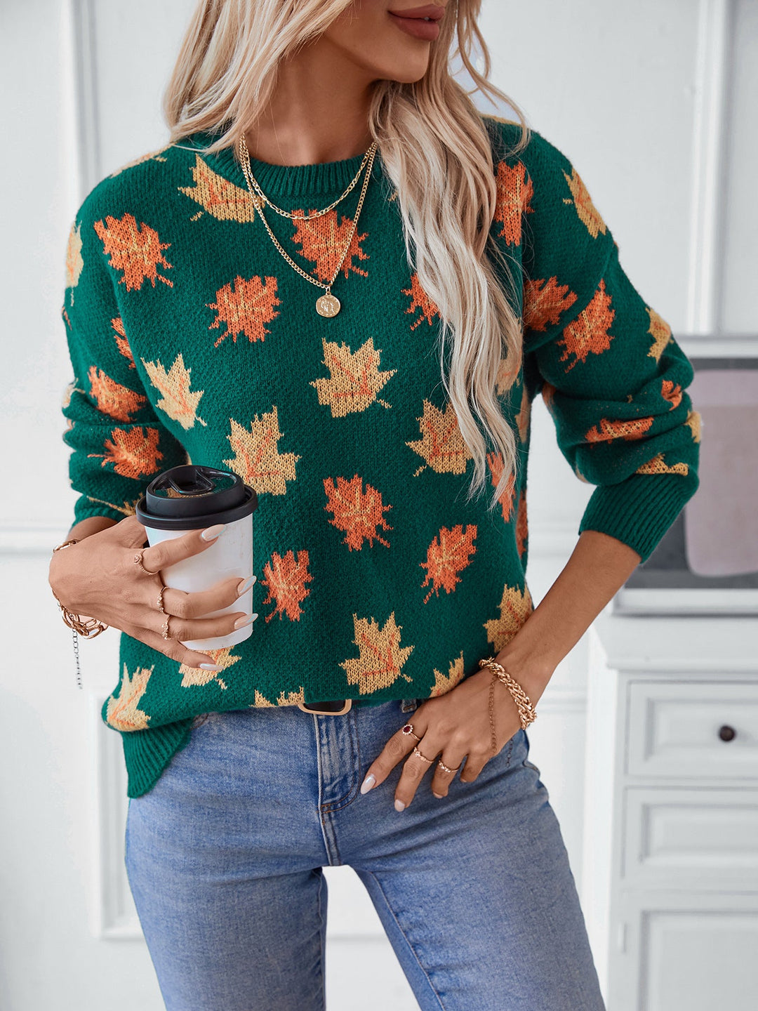 Drune Maple Leaf Jacquard Freizeit Pullover Sweater