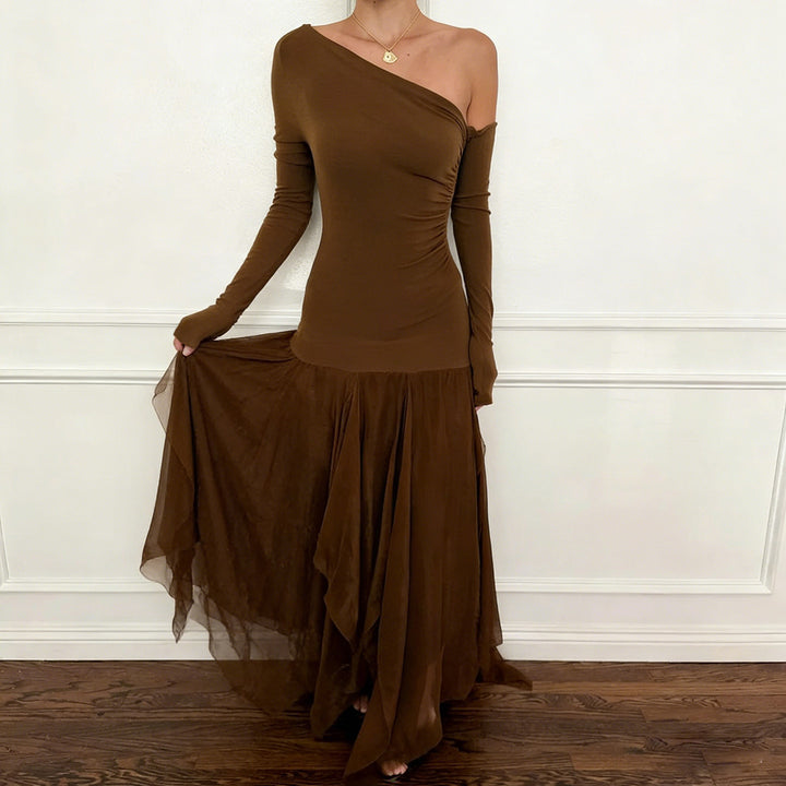 Damen Ein-Schulter-Abendkleid mit taillierter Stretch-Silhouette und mehrlagigem Tüll-Mermaidrock Drune