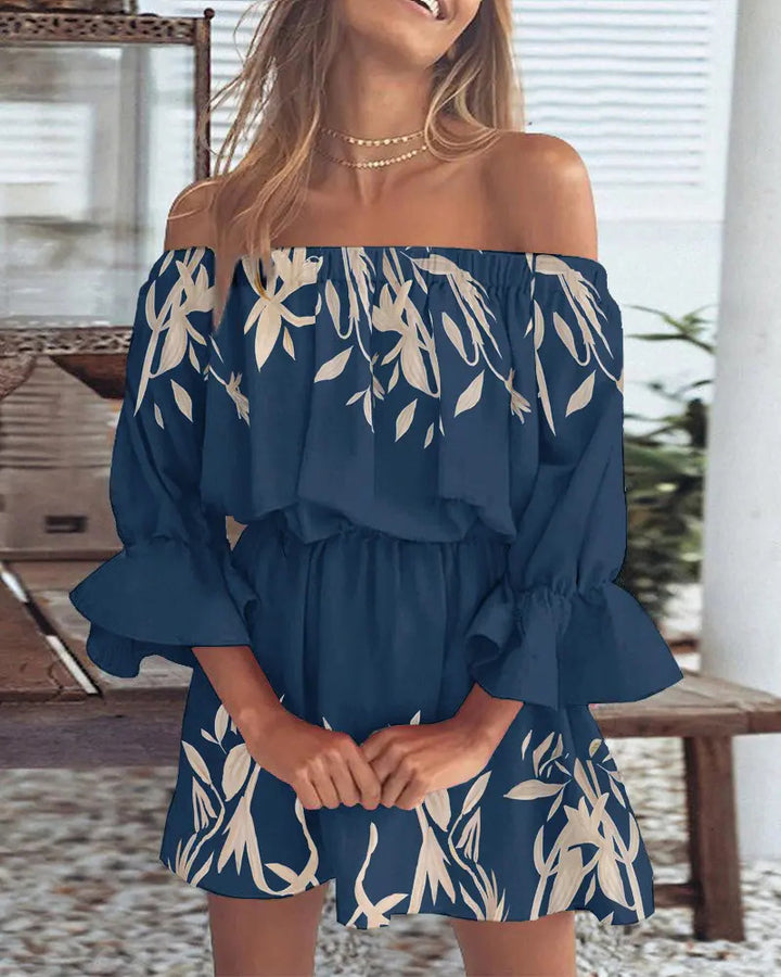 Damen Schulterfreies Minikleid mit elastischer Taillenpassform und Volantärmeln Drune