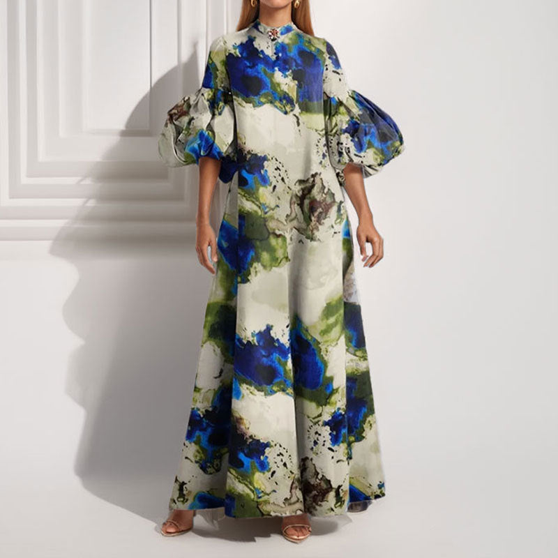 Damen Maxi-Kleid mit Volantärmeln und abstraktem Muster Drune