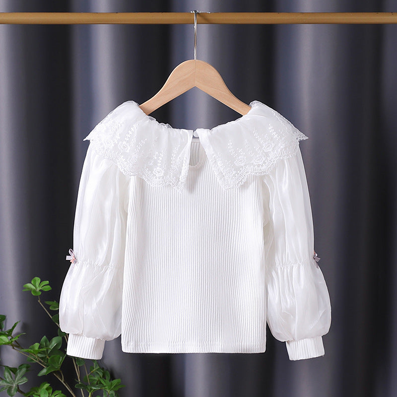 Damen elegante Bluse mit romantischem Spitzenkragen und Rüschendetails Drune