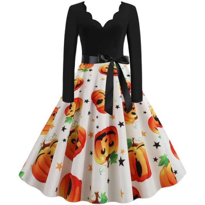 Damen Vintage Swing-Kleid mit Halloween-Kürbisprint, V-Ausschnitt mit Wellensaum und tailliertem Satinband Drune