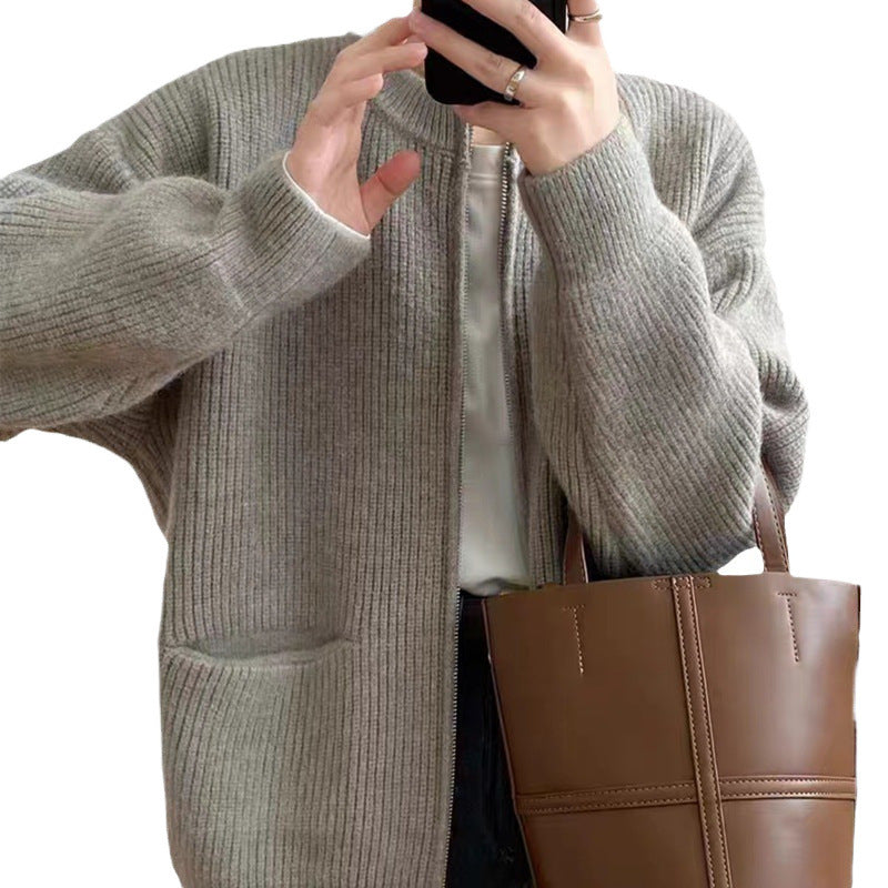 Damen lässige Strickjacke mit Reißverschluss und großen Taschen Drune