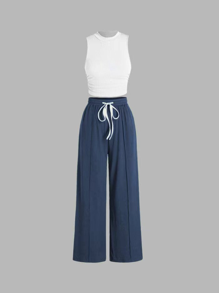 Damen lässiges Oberteil und weit geschnittene Hose Set Drune