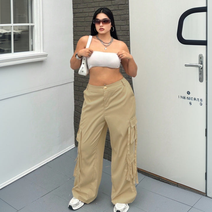 Damen weite Cargo-Hose mit funktionalen Taschen und elastischem Bund Drune