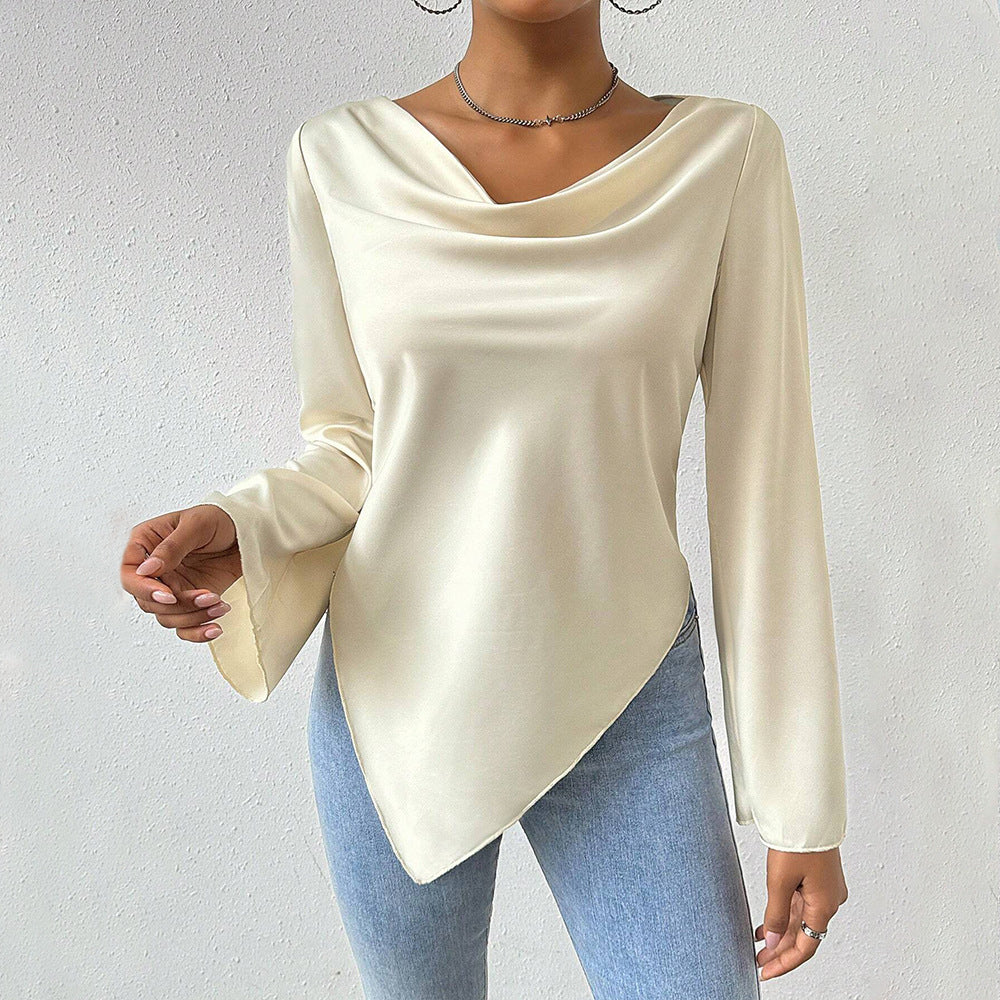 Damen Bluse mit Wasserfallkragen, weiten Trompetenärmeln und fließender Satinoptik Drune