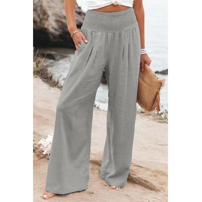 Frauen Weite Bein Smocked Hohe Taille Leinenmischung Hosen Drune