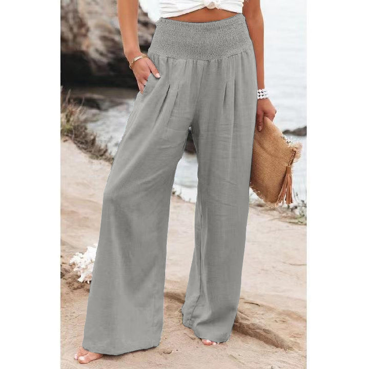 Frauen Weite Bein Smocked Hohe Taille Leinenmischung Hosen Drune