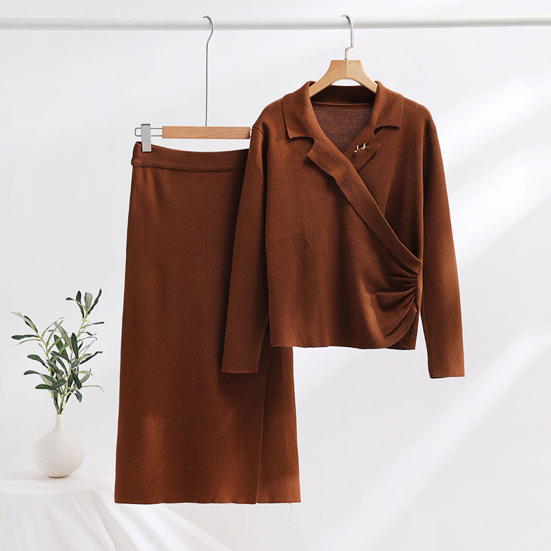 Damen elegantes Strickensemble mit Wickeloberteil und raffinierter hoher Taillierung Drune