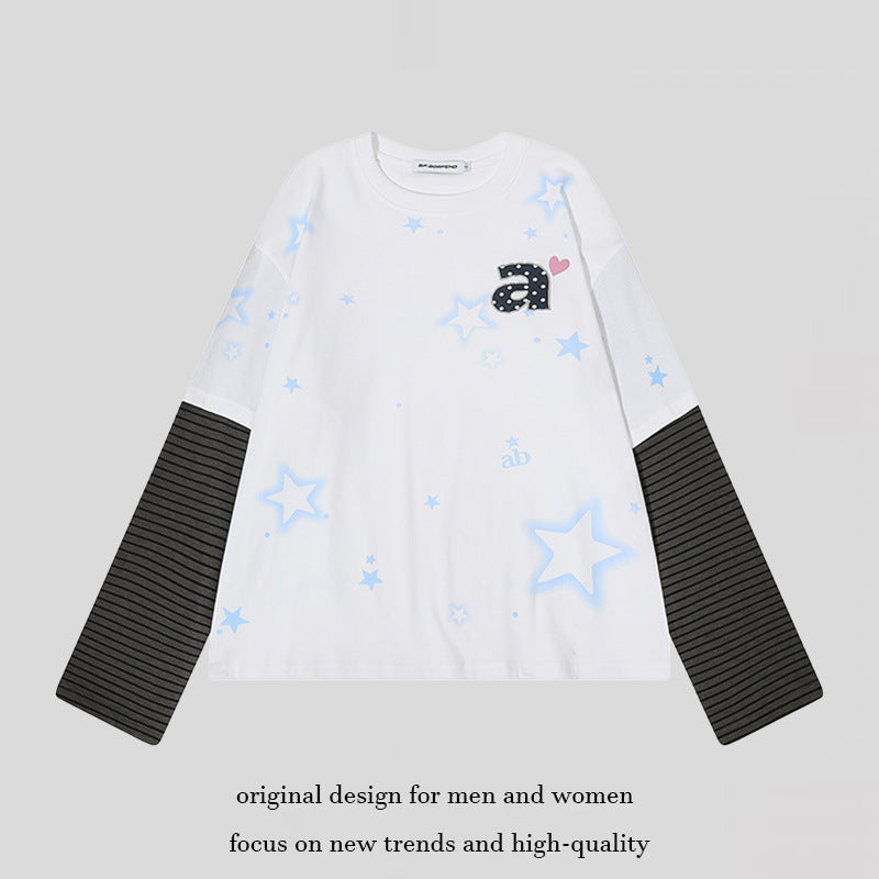Damen Layered-Langarmshirt mit gestreiften Einsatzärmeln, Stern-Print und Applikation Drune