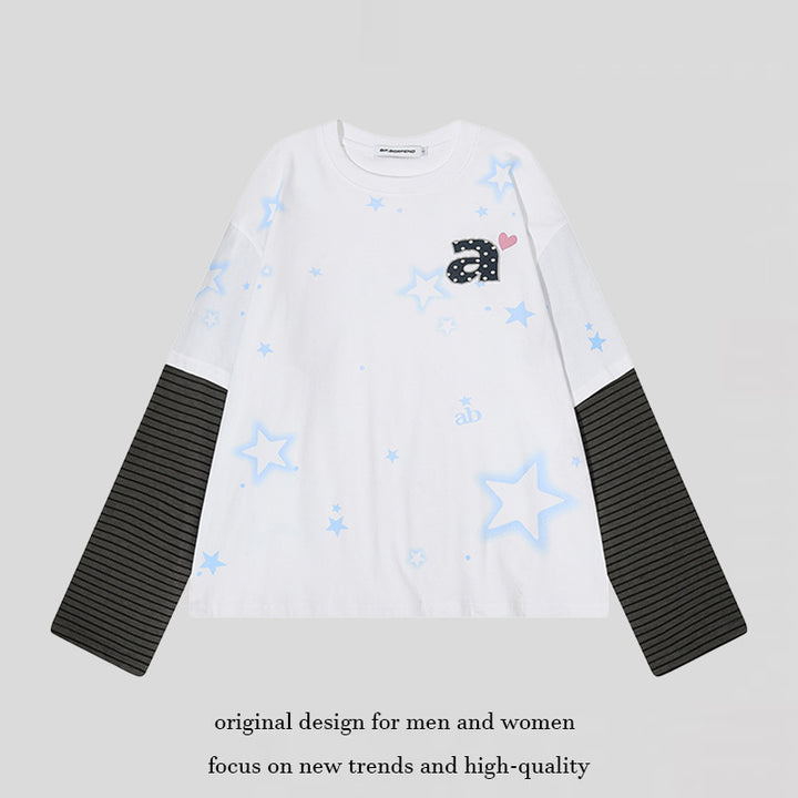 Damen Layered-Langarmshirt mit gestreiften Einsatzärmeln, Stern-Print und Applikation Drune
