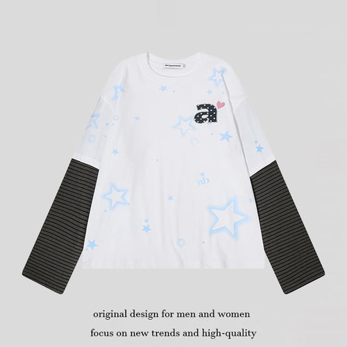 Damen Layered-Langarmshirt mit gestreiften Einsatzärmeln, Stern-Print und Applikation Drune