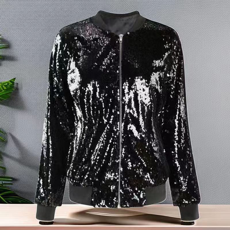 Damen Pailletten-Bomberjacke mit kontrastierendem Bündchen und funkelndem Design Drune