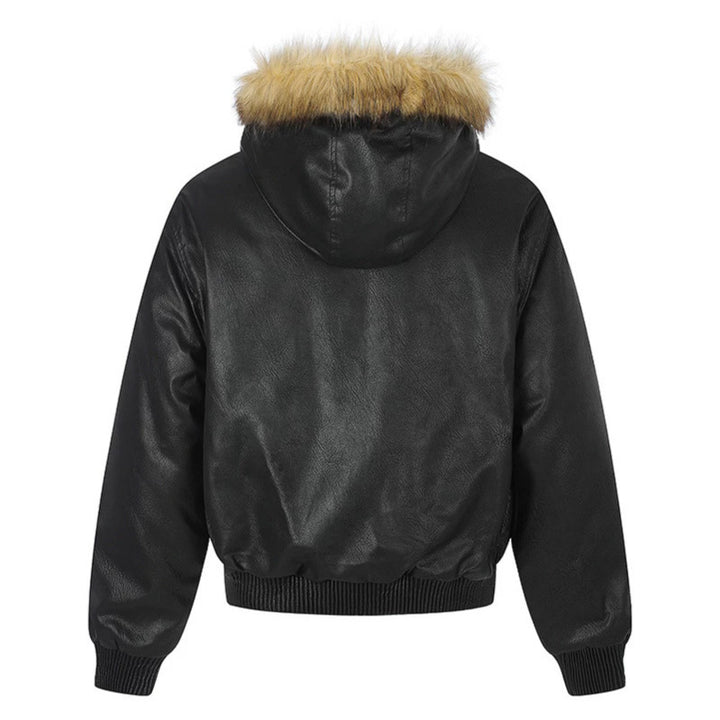 Damen Kunstleder-Bomberjacke mit Kapuze, Kunstfellbesatz und dekorativen Nieten Drune
