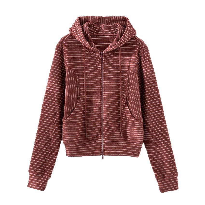 Damen Gestreifte Kapuzen-Zip-Strickjacke mit Eingrifftaschen und schmalem Rippbündchen Drune