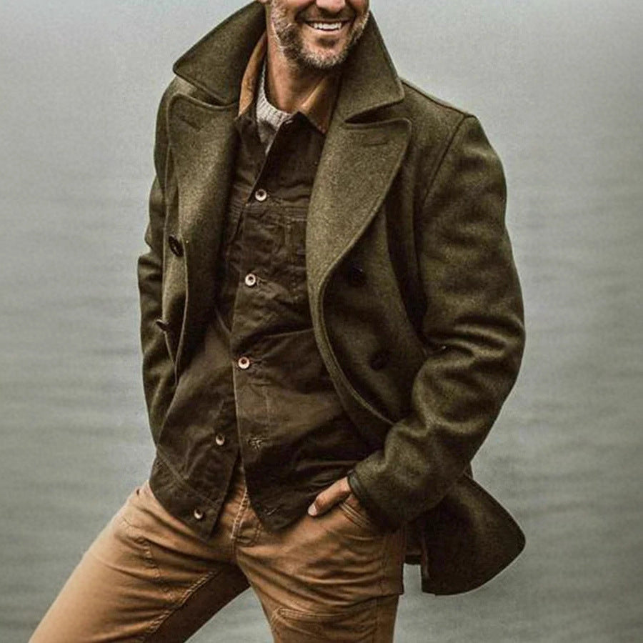 Herren Doppelreihiger Wollmantel im Peacoat-Stil mit breitem Revers Drune