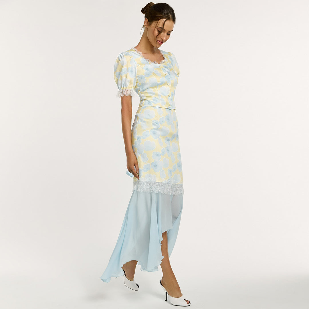 Damen elegantes Kleid mit asymmetrischem Saum und floralem Muster Drune