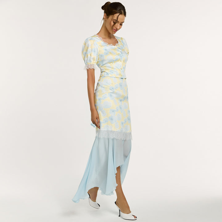 Damen elegantes Kleid mit asymmetrischem Saum und floralem Muster Drune