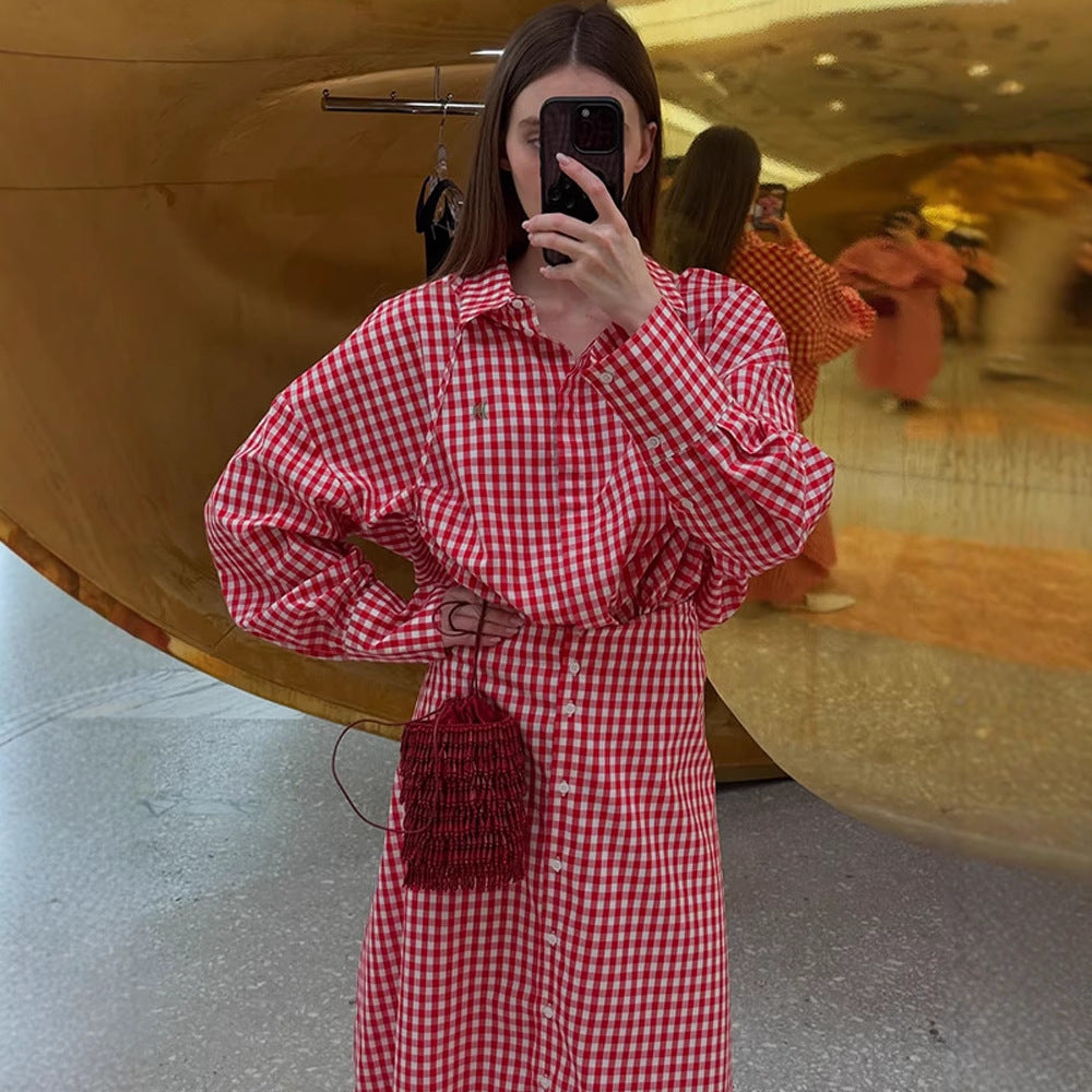 Damen Karo-Maxikleid mit durchgehender Knopfleiste, taillierter Schärpe und verlängerten Manschetten Drune