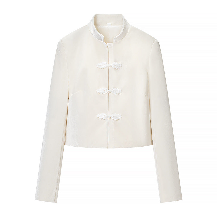 Damen Zweiteiliges Ensemble mit taillierter Kurzjacke im Mandarinstil und hochtaillierter Plisseehose Drune