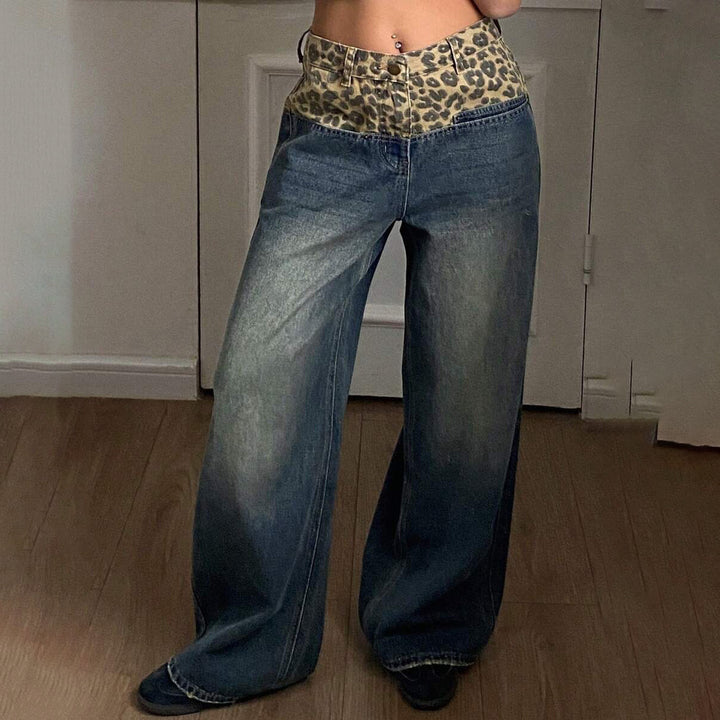 Damen Weit geschnittene Jeans mit Leopard-Hochbund Drune