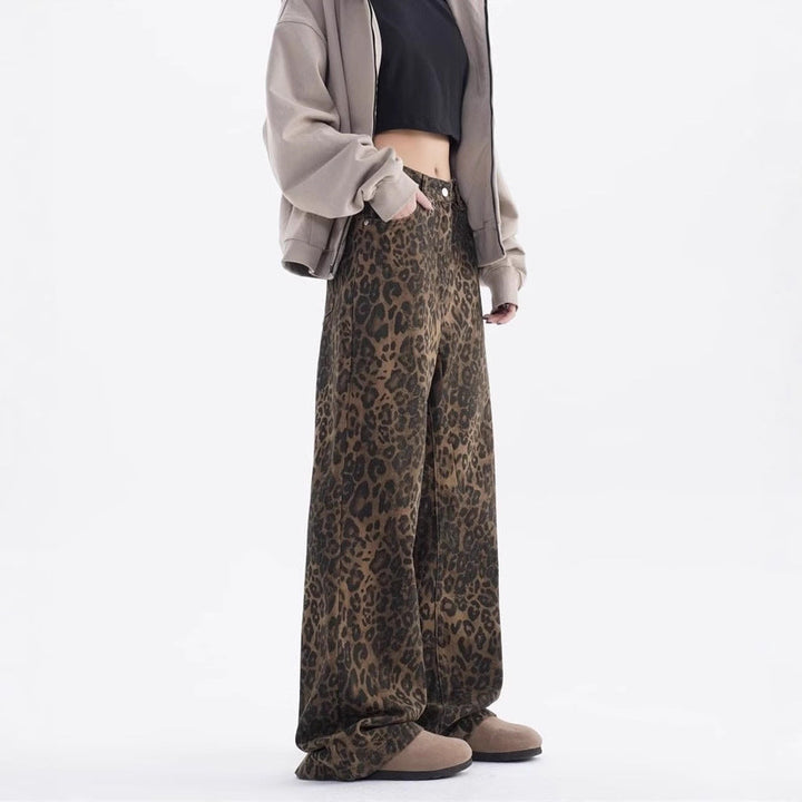 Damen Weite Leoparden-Jeans mit lässigem Schnitt und hoch tailliertem Design Drune