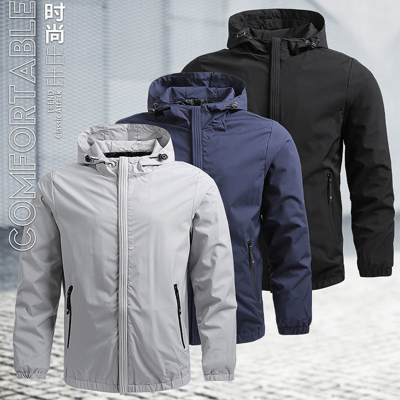 Herren Leichte Kapuzen-Softshelljacke im Urban-Utility-Stil mit verdecktem Frontreißverschluss und Reißverschlusstaschen Drune