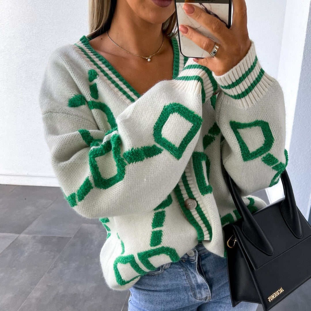 Damen Verspielte Strickjacke mit buntem Muster und Knopfdetails Drune