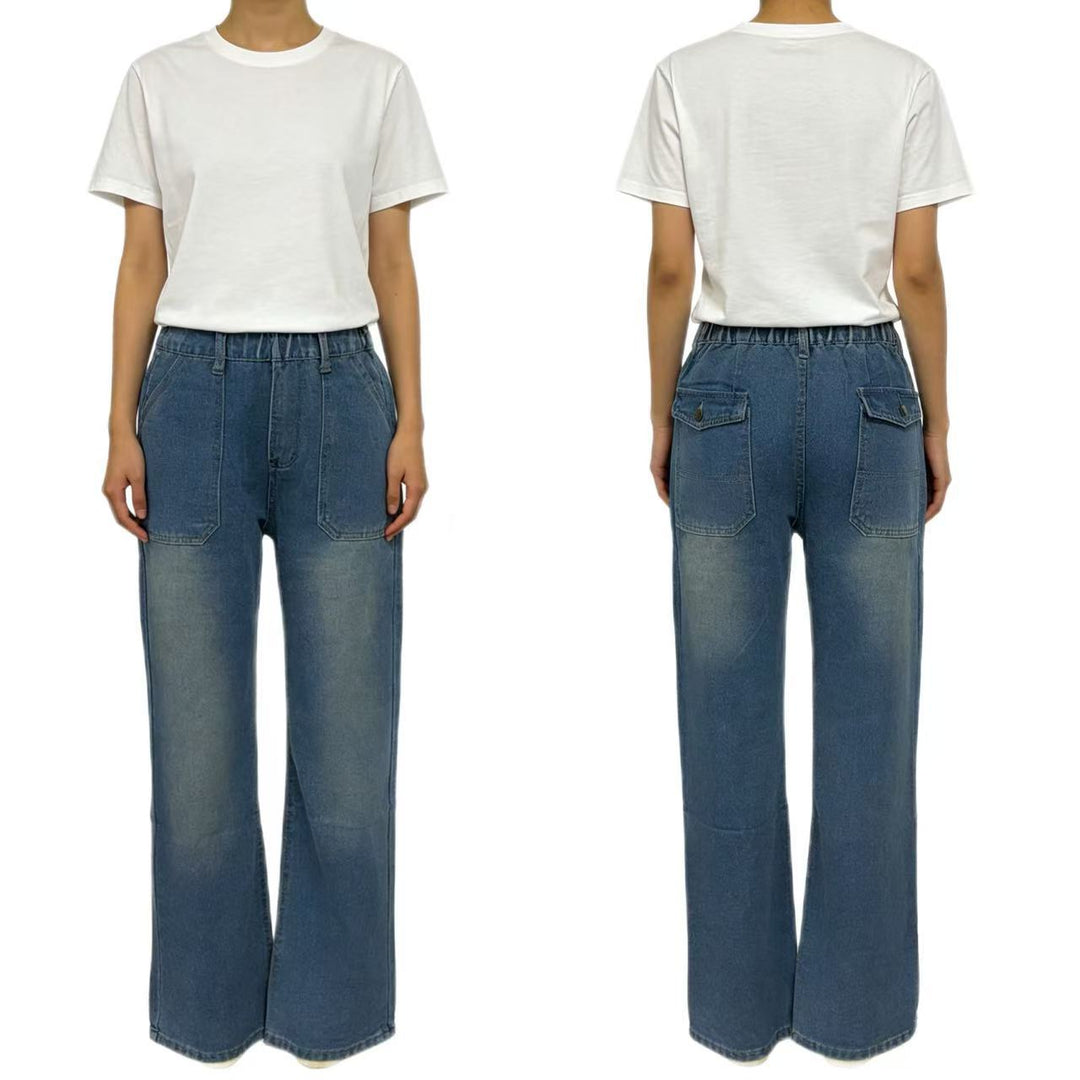 Damen nan hochgeschnittene Relaxed-Jeans mit geradem Bein und aufgesetzten Fronttaschen Drune