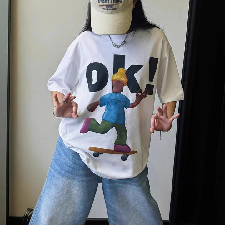 Damen T-Shirt mit künstlerischem Skelettmotiv und einzigartigem Druck Drune