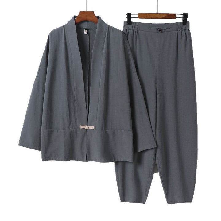 Herren Zen-Relax-Set mit offener Kimono-Jacke, dekorativem Knebelverschluss und tapered Harem-Joggpants Drune